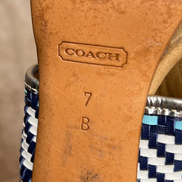 Coach Steffi Heels Pumps Slingback Woven Open Toe Sandals Silver Metallic Blue - Picture 6 of 14